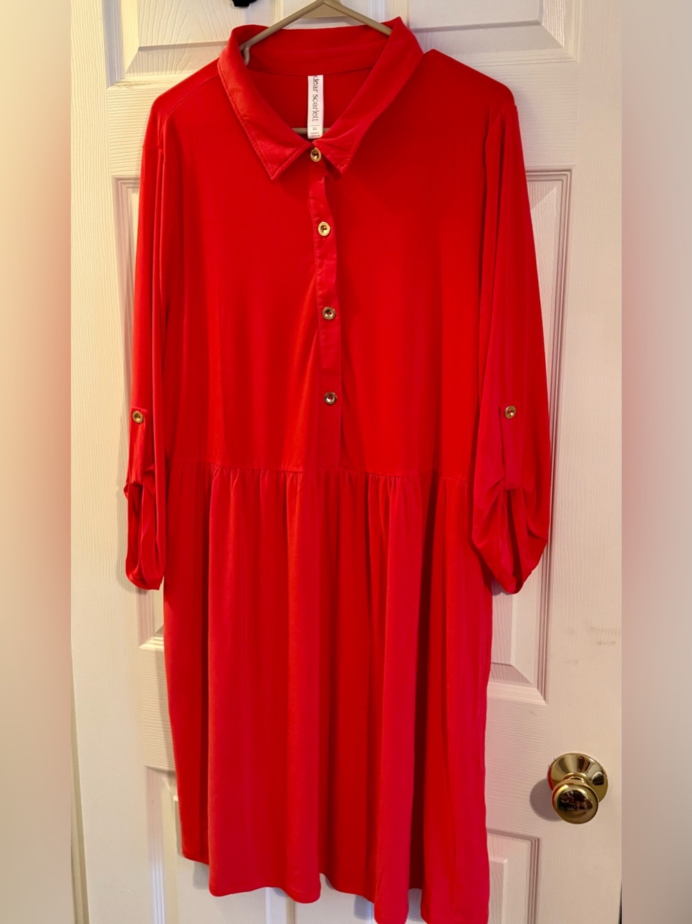 Button-Front Red Dress with Roll-Tab Sleeves - Picture 2 of 6